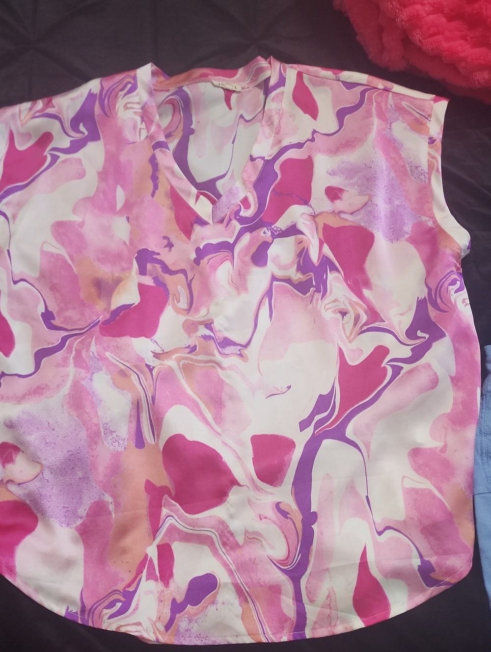 JODIFL Pink & Purple Marble V-Neck Cap Sleeve Top